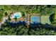 Aerial view of community amenities: pool, tennis courts, parking, set amidst trees at 18439 Victoria Bay Dr, Cornelius, NC 28031