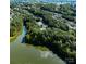 Panoramic aerial view of a serene lake surrounded by lush greenery, with community amenities at 18439 Victoria Bay Dr, Cornelius, NC 28031