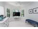 A cozy bedroom with bay windows, a ceiling fan, a TV, and stylish blue and white wallpaper at 18534 Carnegie Overlook Blvd # 110, Davidson, NC 28036