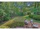 Secluded brick patio in backyard with mature trees and landscaping at 5441 Wintercrest Ln, Charlotte, NC 28209