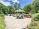 Spacious patio area with outdoor kitchen, dining set, and lush landscaping for serene outdoor living at 7009 Providence W Ln, Charlotte, NC 28226