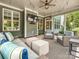 Covered patio featuring comfortable seating, an outdoor TV, and views of the well-manicured backyard at 7009 Providence W Ln, Charlotte, NC 28226