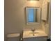 Clean, well-lit bathroom with vanity, framed mirror, and decorative light fixture at 11123 Harrowfield Rd, Charlotte, NC 28226
