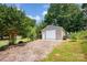 The detached garage has a concrete base, a white door, and metal cladding under the bright blue sky at 172 Wildwood Loop, Statesville, NC 28625