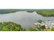 Expansive aerial view captures lake homes nestled between mature, dense forests at 216 Grand View Dr, New London, NC 28127