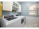 Bright laundry room with white washer and dryer, ample cabinet storage, and a window for natural light at 6422 Gatesville Ln, Charlotte, NC 28270