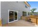 Backyard deck with wooden railing, gray siding, sliding glass doors and a view of the yard at 1227 Breezewood Dr, Charlotte, NC 28262