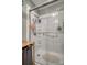 Walk in shower with glass door, safety handrail, tiled walls, and storage shelves at 2526 Ashford Dr, Newton, NC 28658