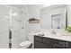 Modern bathroom with white subway tile shower, sleek vanity, and chrome fixtures at 5008 Calvine Mill Way, Charlotte, NC 28205