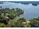 Stunning aerial view showcases a waterfront property surrounded by trees, offering both seclusion and lake access at 5390 Hudson Rd, Clover, SC 29710