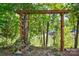 Lush backyard featuring a wooden trellis with lanterns and a partial view of the lake at 5390 Hudson Rd, Clover, SC 29710