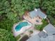 An aerial view shows a private in-ground pool, lush backyard, and brick home surrounded by mature trees at 9110 Woodhall Lake Dr, Waxhaw, NC 28173