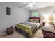 Well-lit bedroom boasts neutral paint, carpet, and coordinated green and gray decor at 14755 Lions Paw St, Charlotte, NC 28273
