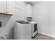 Modern laundry room with white cabinetry, and newer model washer and dryer at 18027 Wilbanks Dr, Charlotte, NC 28278