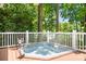 Secluded hot tub on a wooden deck surrounded by lush greenery, perfect for unwinding in privacy and nature at 2704 Apache Trl, Denver, NC 28037
