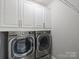Laundry room featuring front loading washer and dryer with white upper cabinets at 631 May Green Dr, Clover, SC 29710