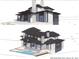 Architectural drawing of a modern lake house featuring a pool, patio, fireplace, and balconies at 6644 Goose Point Dr, Denver, NC 28037