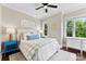 Cozy bedroom with a plush bed, two windows bringing in natural light, and bright blue side tables at 106 N Laurel Ave # 118, Charlotte, NC 28207