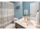 Well-lit bathroom with a toilet, white vanity, and patterned shower curtain at 134 Cherry Bark Dr, Mooresville, NC 28117