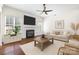 Well-decorated living room featuring a fireplace, modern furniture, and two large windows with custom blinds at 646 Quicksilver Trl # 183, Fort Mill, SC 29708