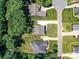 Aerial view of homes with manicured lawns on a cul-de-sac street, surrounded by lush greenery at 7717 Nautical View Dr, Denver, NC 28037