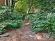 Stone path winds through lush greenery, creating a serene and inviting garden entrance at 827 Museum Dr, Charlotte, NC 28207
