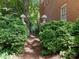 Iron gate flanked by verdant hedges and decorative urns lead to a lush, tree-lined backyard at 827 Museum Dr, Charlotte, NC 28207