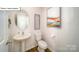 Well-lit powder room featuring a pedestal sink, toilet, and modern decor for added comfort and style at 119 Rustling Waters Dr, Mooresville, NC 28117