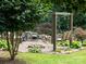 Landscaped backyard area featuring a wood swing, stone firepit and wooded views at 170 Eagle Dr, Salisbury, NC 28144