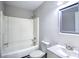 Full bathroom featuring a shower-tub combo, white toilet, sink, vanity, mirror, and light fixture at 3919 Briarhill Dr, Charlotte, NC 28215
