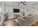 Cozy living room with hardwood floors, a ceiling fan, and a comfortable couch at 423 Solomon St, Charlotte, NC 28216