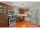 Charming kitchen with wooden cabinets, stainless steel appliances, hardwood floors, and stylish backsplash at 747 9Th Nw St, Hickory, NC 28601