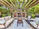 Charming outdoor living space with a stone fireplace and comfortable seating, perfect for entertaining at 9000 Whirlaway Ln, Waxhaw, NC 28173