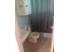 Modest bathroom with gray shower curtain, light blue walls, standard toilet, sink, and cabinet at 1628 Cecelia Dr, Gastonia, NC 28054