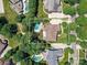 Aerial view of the property showcasing a backyard pool, patio, lush landscaping, and overall layout in a serene setting at 18618 Rollingdale Ln, Davidson, NC 28036