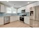 Bright kitchen features stainless steel appliances, white cabinetry, and stylish blue backsplash at 2414 Lane St, Kannapolis, NC 28083