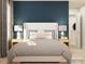 Cozy bedroom featuring a large bed with a padded headboard, side tables, lamps and a blue accent wall at 3823 Horsham St, Indian Land, SC 29707