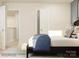 Bedroom showcases a bed with blue blanket and decorative pillows, alongside an accent rug at 3823 Horsham St, Indian Land, SC 29707