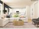 Open-concept living space with a white sectional sofa, stylish rug, and view of the kitchen at 3823 Horsham St, Indian Land, SC 29707