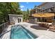 Beautiful pool area with a sun umbrella and seating, ideal for relaxation and entertaining at 6800 Augustine Way, Charlotte, NC 28270