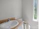 Bathroom with vanity, sink, toilet, and a bright window view at 12325 Woodside Falls Rd, Pineville, NC 28134