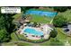 Aerial view showcases the community park with pool, playground, and tennis court at 12325 Woodside Falls Rd, Pineville, NC 28134