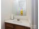Well-lit half bathroom with a single sink vanity, mirror and decorative art at 2273 Aston Mill Pl, Charlotte, NC 28273