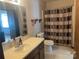 Cozy bathroom featuring a single vanity, toilet, and shower with a decorative shower curtain at 3973 English Oak Dr, Lincolnton, NC 28092