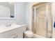 Clean bathroom featuring a clear glass shower door, white vanity, and light walls at 80 Lecline Ne Cir, Concord, NC 28025