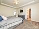 Carpeted main bedroom showcasing a trey ceiling, and an en-suite bathroom at 11807 Midnight Way, Huntersville, NC 28078