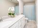 Bathroom with double sink vanity, large mirror, decorative plant, toilet, and shower with curtain at 17718 Terryglass Ln, Charlotte, NC 28278