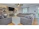 Bright living room featuring a stone fireplace, built-in bookshelves, and plush sofas at 4831 Antioch Church Rd, Matthews, NC 28104