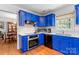 Stylish kitchen featuring blue cabinets, stainless steel appliances, and white subway tile backsplash at 1109 Sunnyview Cir, Matthews, NC 28105