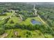 Expansive aerial view showcasing a home with a pool, pond, and a serene, wooded neighborhood at 3381 Elaine Ave, Lincolnton, NC 28092